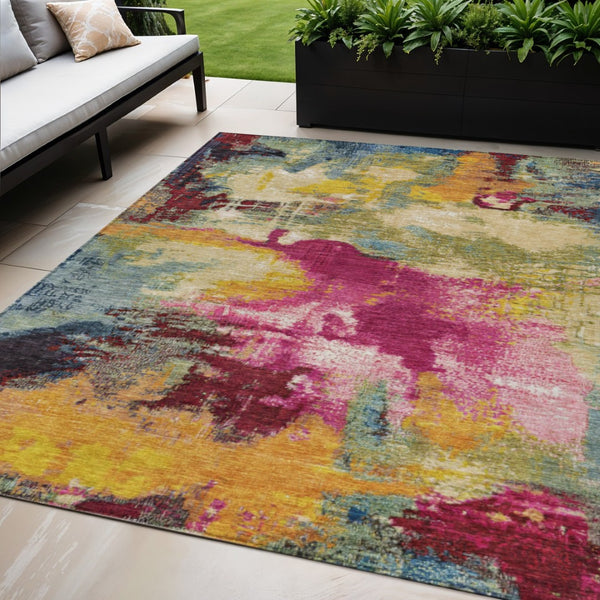 HomeRoots 5' Vibrant Ruby Red, Pink & Yellow Abstract Washable Area Rug for Indoor/Outdoor High Traffic Use 619374