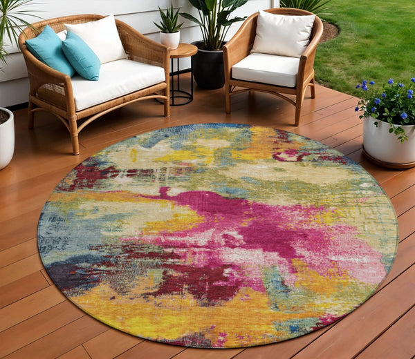 HomeRoots 8' Vibrant Ruby Red, Pink & Yellow Abstract Round Area Rug - Washable, Durable for Indoor & Outdoor Use 619375