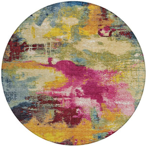 HomeRoots 8' Vibrant Ruby Red, Pink & Yellow Abstract Round Area Rug - Washable, Durable for Indoor & Outdoor Use 619375