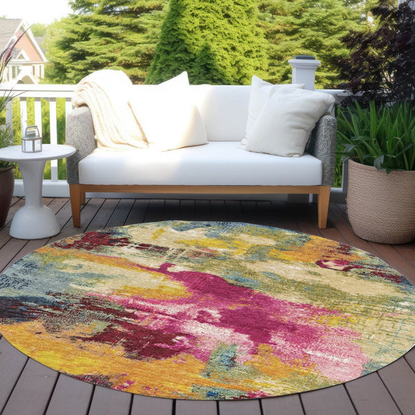 HomeRoots 8' Vibrant Ruby Red, Pink & Yellow Abstract Round Area Rug - Washable, Durable for Indoor & Outdoor Use 619375