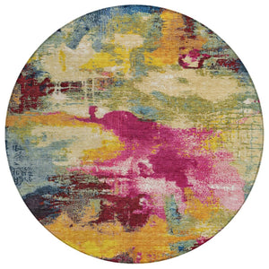 HomeRoots 8' Vibrant Ruby Red, Pink & Yellow Abstract Round Area Rug - Washable, Durable for Indoor & Outdoor Use 619375