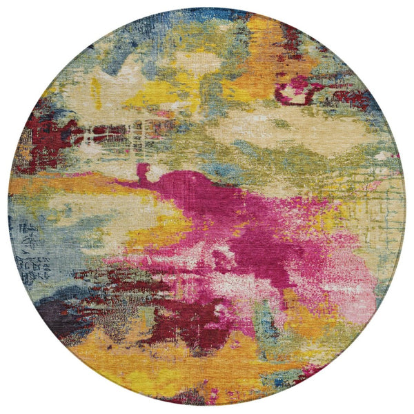 HomeRoots 8' Vibrant Ruby Red, Pink & Yellow Abstract Round Area Rug - Washable, Durable for Indoor & Outdoor Use 619375