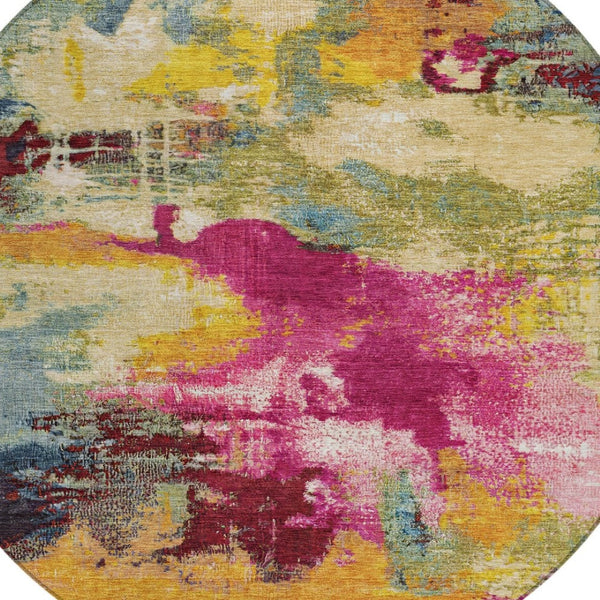 HomeRoots 8' Vibrant Ruby Red, Pink & Yellow Abstract Round Area Rug - Washable, Durable for Indoor & Outdoor Use 619375
