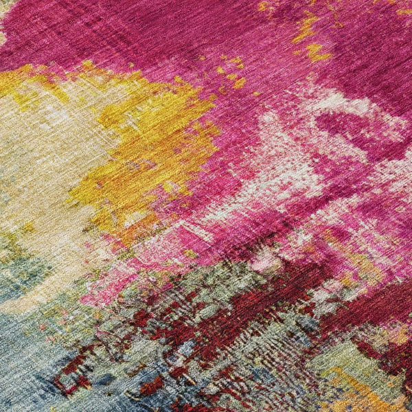 HomeRoots 8' Vibrant Ruby Red, Pink & Yellow Abstract Round Area Rug - Washable, Durable for Indoor & Outdoor Use 619375
