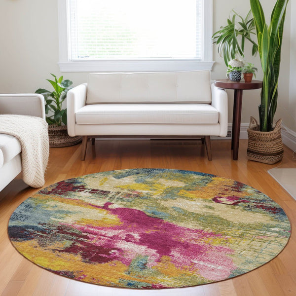 HomeRoots 8' Vibrant Ruby Red, Pink & Yellow Abstract Round Area Rug - Washable, Durable for Indoor & Outdoor Use 619375