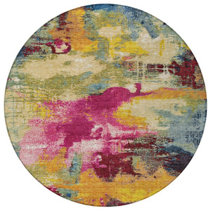 HomeRoots 8' Vibrant Ruby Red, Pink & Yellow Abstract Round Area Rug - Washable, Durable for Indoor & Outdoor Use 619375