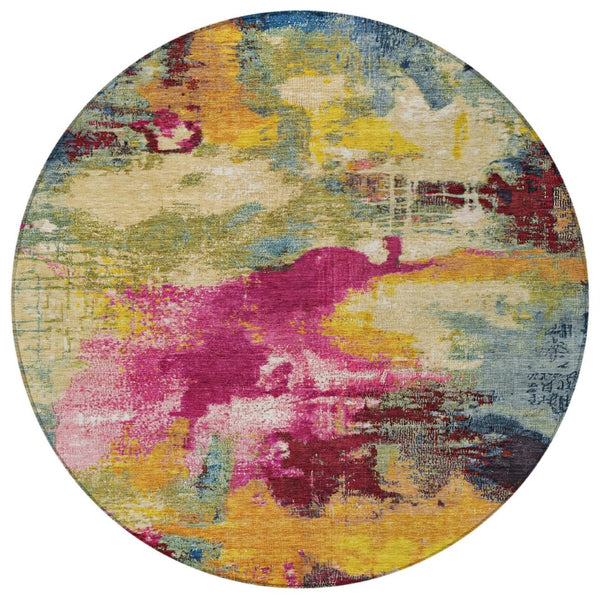 HomeRoots 8' Vibrant Ruby Red, Pink & Yellow Abstract Round Area Rug - Washable, Durable for Indoor & Outdoor Use 619375