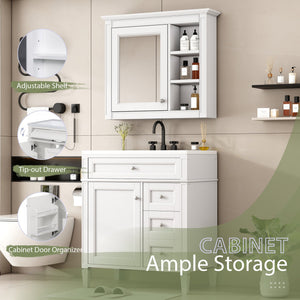 English Elm 30'' Bathroom Vanity Set With Sink, Modern Storage Cabinet, Mirror & 3 Drawers For Efficient Organization SW000127AAK-3
