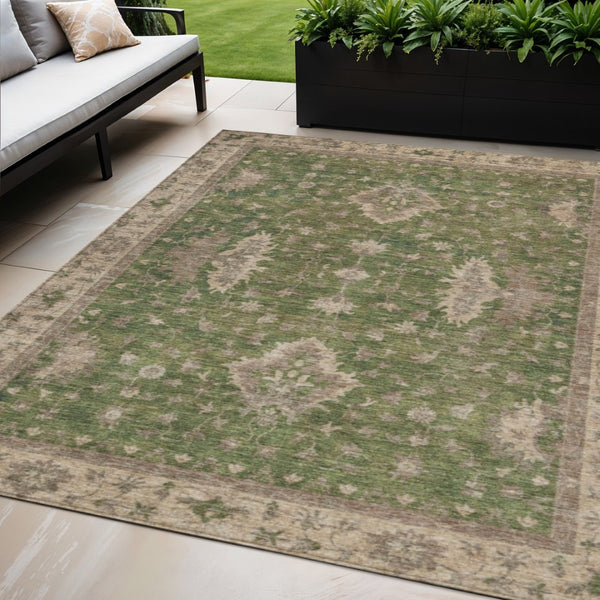 HomeRoots 5' X 8' Artichoke Green Floral Area Rug - Durable, Washable Indoor/Outdoor Design for Versatile Style 619386