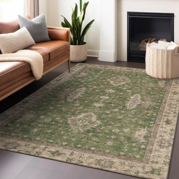 HomeRoots 5' X 8' Artichoke Green Floral Area Rug - Durable, Washable Indoor/Outdoor Design for Versatile Style 619386