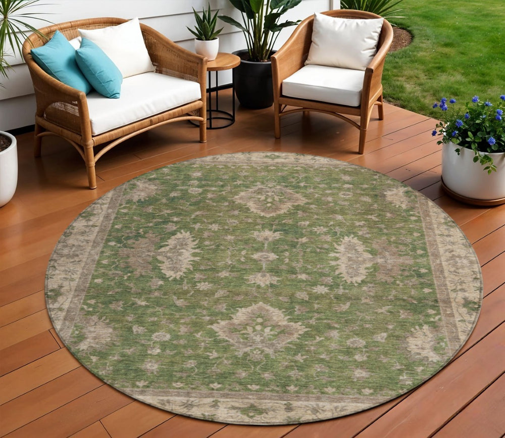 HomeRoots 8' Artichoke Green & Beige Round Floral Rug - Washable, Durable, Perfect for Indoor & Outdoor Spaces 619387