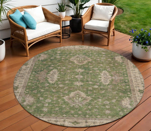 HomeRoots 8' Artichoke Green & Beige Round Floral Rug - Washable, Durable, Perfect for Indoor & Outdoor Spaces 619387