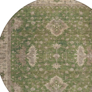 HomeRoots 8' Artichoke Green & Beige Round Floral Rug - Washable, Durable, Perfect for Indoor & Outdoor Spaces 619387
