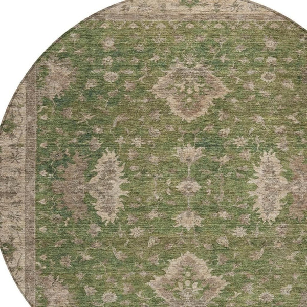 HomeRoots 8' Artichoke Green & Beige Round Floral Rug - Washable, Durable, Perfect for Indoor & Outdoor Spaces 619387