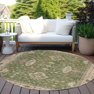 HomeRoots 8' Artichoke Green & Beige Round Floral Rug - Washable, Durable, Perfect for Indoor & Outdoor Spaces 619387