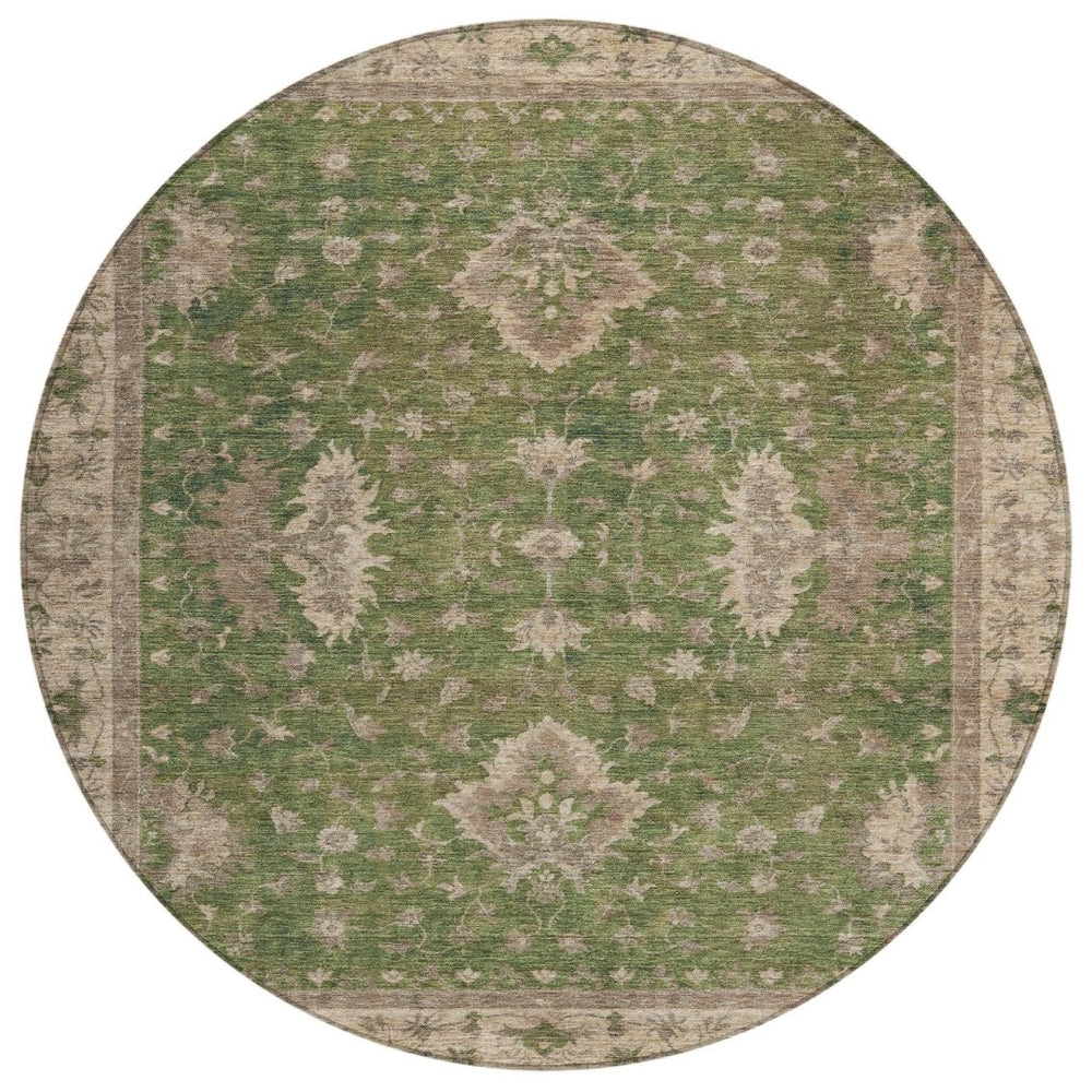 HomeRoots 8' Artichoke Green & Beige Round Floral Rug - Washable, Durable, Perfect for Indoor & Outdoor Spaces 619387