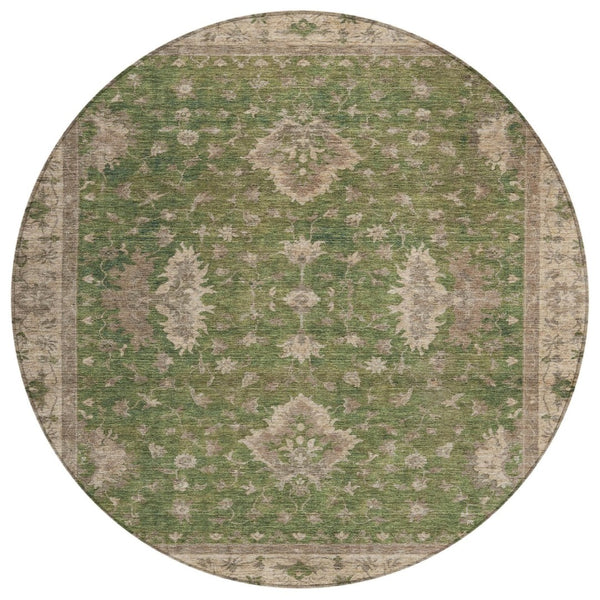 HomeRoots 8' Artichoke Green & Beige Round Floral Rug - Washable, Durable, Perfect for Indoor & Outdoor Spaces 619387