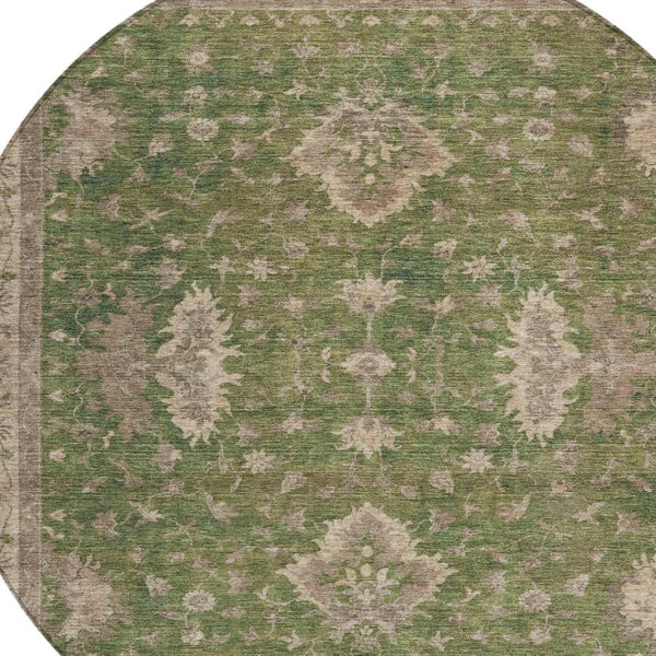 HomeRoots 8' Artichoke Green & Beige Round Floral Rug - Washable, Durable, Perfect for Indoor & Outdoor Spaces 619387