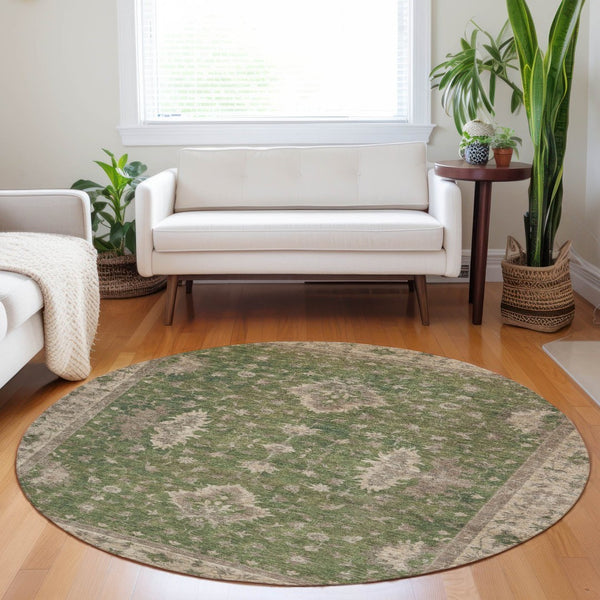 HomeRoots 8' Artichoke Green & Beige Round Floral Rug - Washable, Durable, Perfect for Indoor & Outdoor Spaces 619387