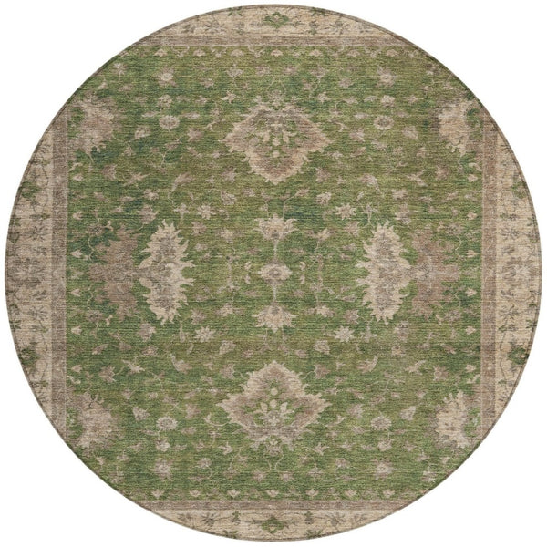 HomeRoots 8' Artichoke Green & Beige Round Floral Rug - Washable, Durable, Perfect for Indoor & Outdoor Spaces 619387