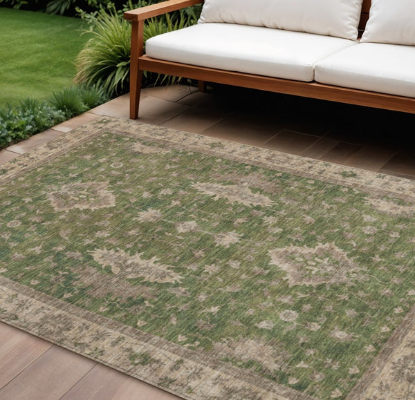 HomeRoots 10' Artichoke Green Floral Area Rug – Durable Washable Indoor/Outdoor Rug for High-Traffic Spaces 619390