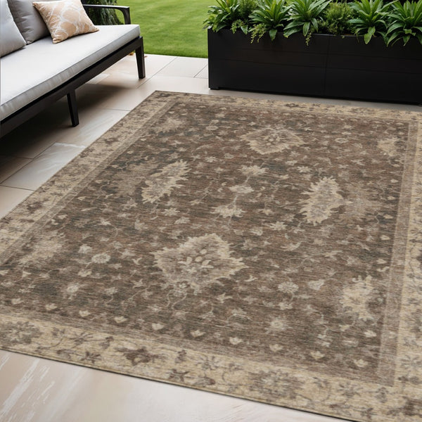 HomeRoots 5' X 8' Durable Brown and Beige Floral Indoor-Outdoor Area Rug – Machine Washable, Easy Care Design! 619398