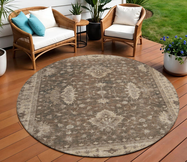 HomeRoots 8' Round Floral Area Rug - Washable Brown & Beige Design for Indoor/Outdoor Use, Stain Resistant & Stylish 619399