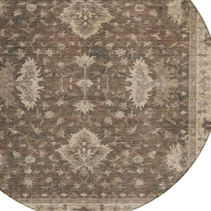 HomeRoots 8' Round Floral Area Rug - Washable Brown & Beige Design for Indoor/Outdoor Use, Stain Resistant & Stylish 619399