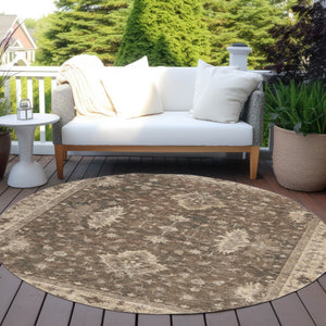 HomeRoots 8' Round Floral Area Rug - Washable Brown & Beige Design for Indoor/Outdoor Use, Stain Resistant & Stylish 619399