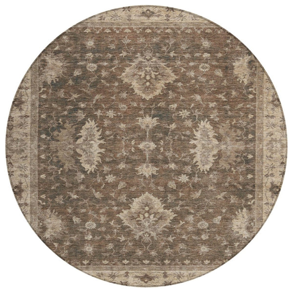 HomeRoots 8' Round Floral Area Rug - Washable Brown & Beige Design for Indoor/Outdoor Use, Stain Resistant & Stylish 619399