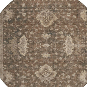 HomeRoots 8' Round Floral Area Rug - Washable Brown & Beige Design for Indoor/Outdoor Use, Stain Resistant & Stylish 619399