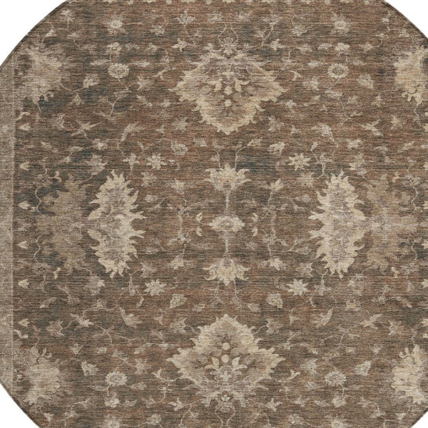 HomeRoots 8' Round Floral Area Rug - Washable Brown & Beige Design for Indoor/Outdoor Use, Stain Resistant & Stylish 619399