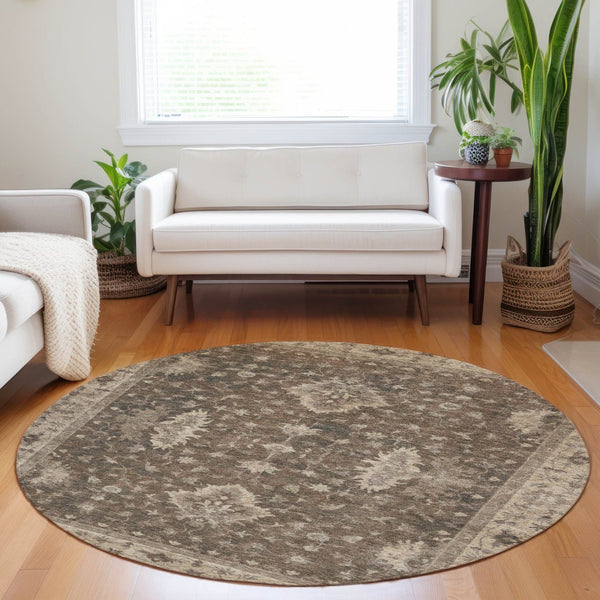 HomeRoots 8' Round Floral Area Rug - Washable Brown & Beige Design for Indoor/Outdoor Use, Stain Resistant & Stylish 619399