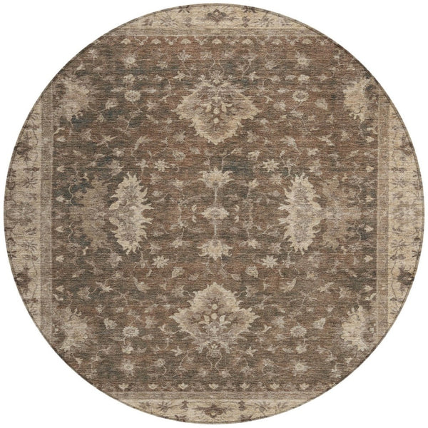 HomeRoots 8' Round Floral Area Rug - Washable Brown & Beige Design for Indoor/Outdoor Use, Stain Resistant & Stylish 619399