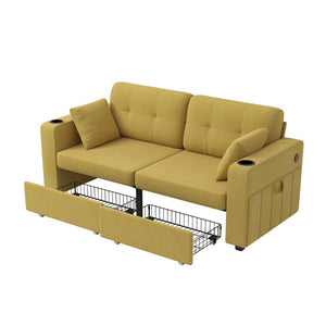 English Elm Sofas for Living Room Chenille Three Seat Couch with Usb Charging Storage and Cup Holder Mustard Yellow W395S00145