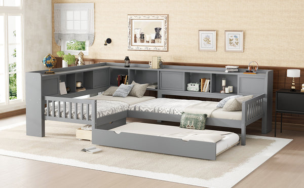 English Elm L-shaped Twin Platform Bed with Trundle, Solid Wood Corner Sleeper with Drawers, Shelves, No Box Spring Needed Grey W1580S00260