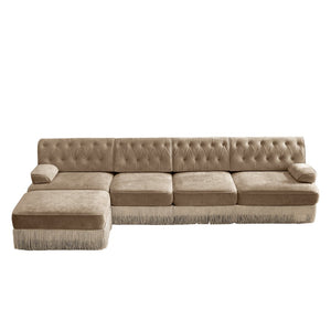 English Elm 135" Chesterfield Velvet Sectional with Tufted Back Tassel Skirt and Modular Living Room Design Camel W714S01700