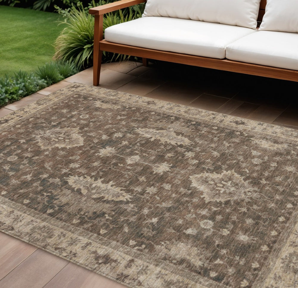 HomeRoots 10' Brown and Beige Floral Area Rug – Washable, Durable, Elegant Design for Indoor and Outdoor Use 619402