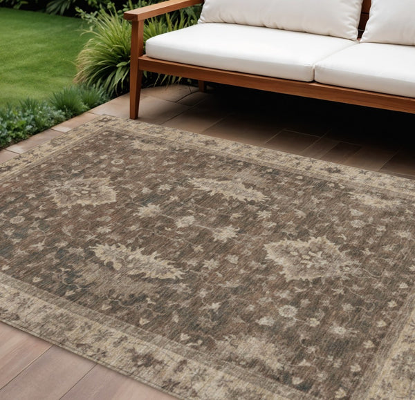 HomeRoots 10' Brown and Beige Floral Area Rug – Washable, Durable, Elegant Design for Indoor and Outdoor Use 619402