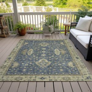 HomeRoots 5' Blue and Green Floral Washable Area Rug - Durable, Stylish Indoor/Outdoor Accent for Any Space 619404