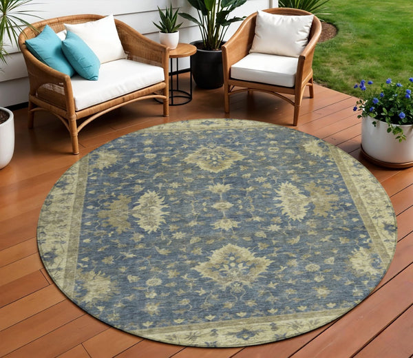 HomeRoots 8' Blue and Green Round Floral Area Rug - Machine Washable, Durable for Indoor & Outdoor Spaces 619405