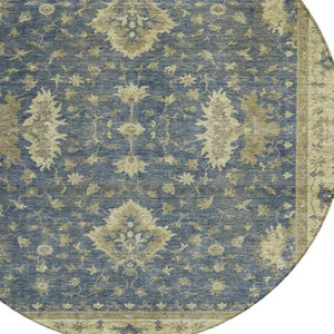 HomeRoots 8' Blue and Green Round Floral Area Rug - Machine Washable, Durable for Indoor & Outdoor Spaces 619405