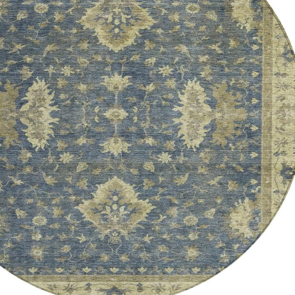 HomeRoots 8' Blue and Green Round Floral Area Rug - Machine Washable, Durable for Indoor & Outdoor Spaces 619405