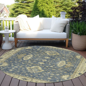 HomeRoots 8' Blue and Green Round Floral Area Rug - Machine Washable, Durable for Indoor & Outdoor Spaces 619405