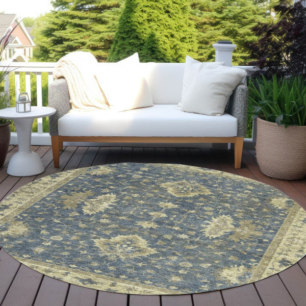 HomeRoots 8' Blue and Green Round Floral Area Rug - Machine Washable, Durable for Indoor & Outdoor Spaces 619405