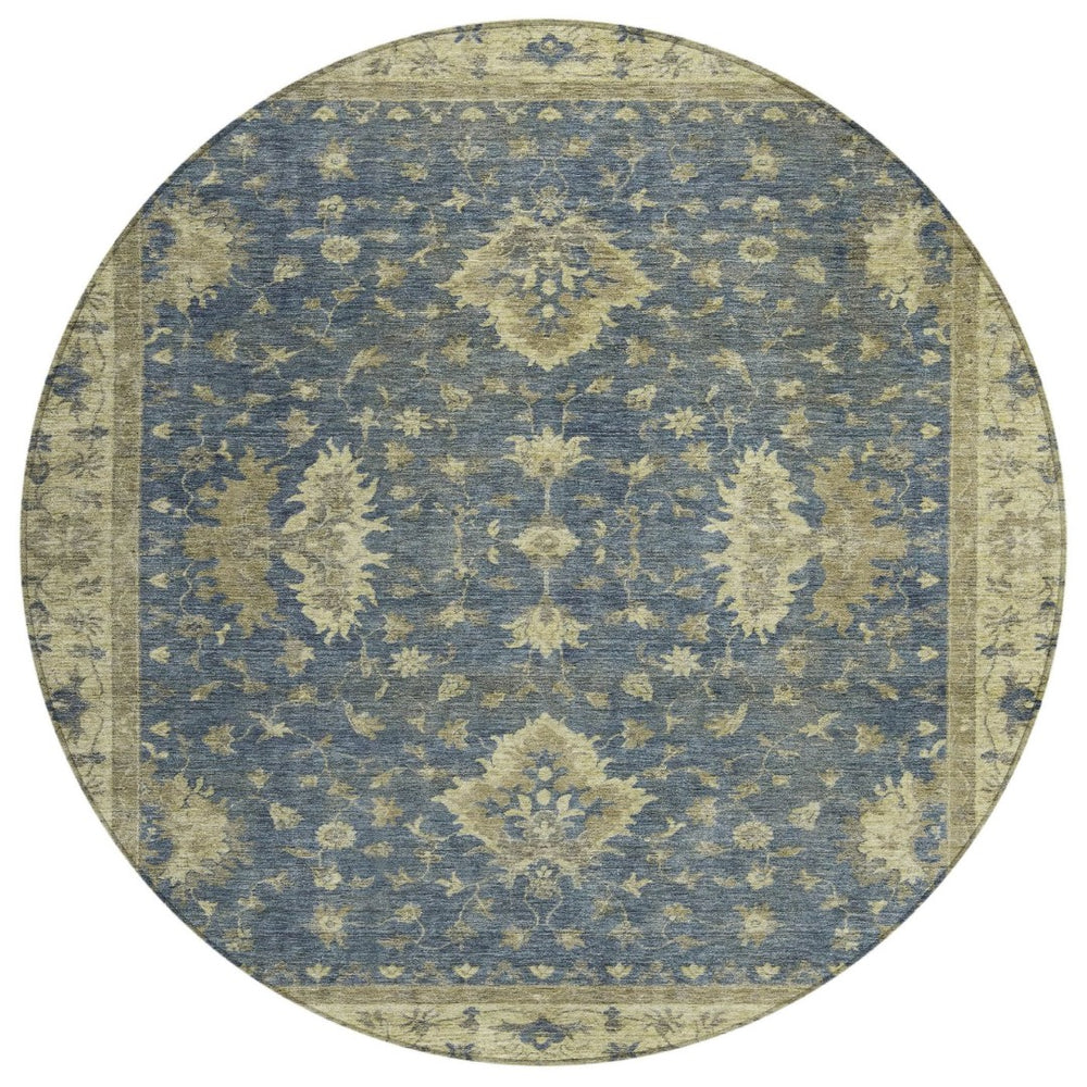 HomeRoots 8' Blue and Green Round Floral Area Rug - Machine Washable, Durable for Indoor & Outdoor Spaces 619405