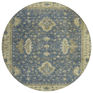 HomeRoots 8' Blue and Green Round Floral Area Rug - Machine Washable, Durable for Indoor & Outdoor Spaces 619405