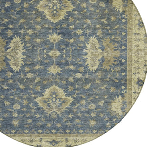 HomeRoots 8' Blue and Green Round Floral Area Rug - Machine Washable, Durable for Indoor & Outdoor Spaces 619405