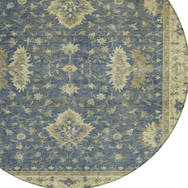 HomeRoots 8' Blue and Green Round Floral Area Rug - Machine Washable, Durable for Indoor & Outdoor Spaces 619405