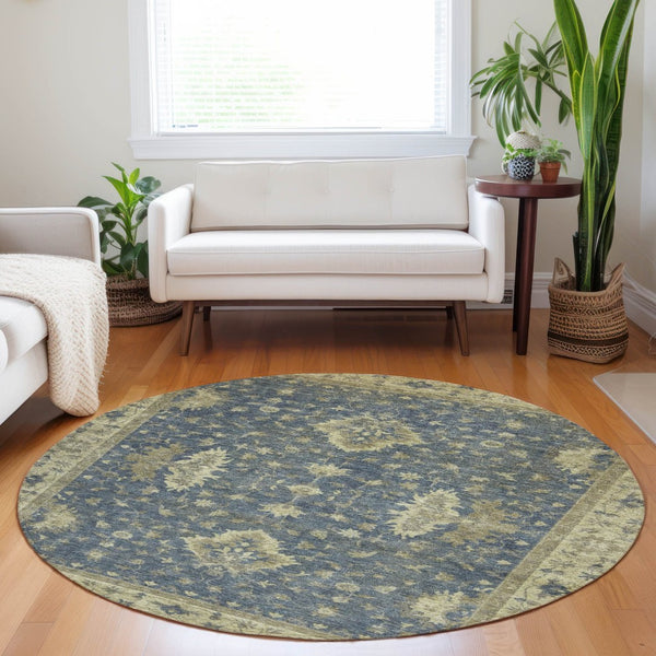 HomeRoots 8' Blue and Green Round Floral Area Rug - Machine Washable, Durable for Indoor & Outdoor Spaces 619405